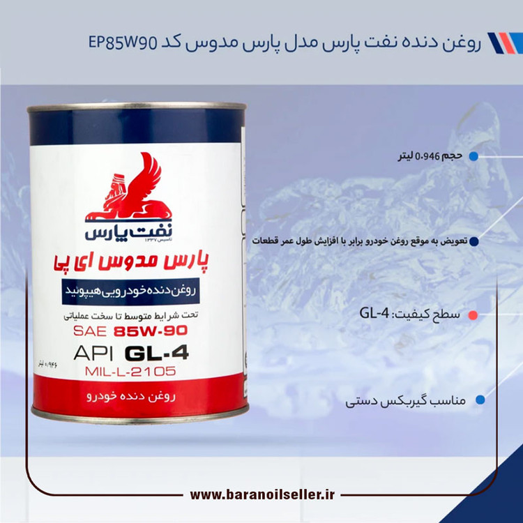 روغن گیربکس (دنده) پارس مدوس ای پی 85W90 EP حجم 0/946 لیتر